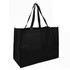 A black reusable grocery bag with two handles and a spacious interior. It features a logo on the side.