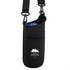A drink bottle holder in black neoprene with a shoulder strap and a front pocket. It features a logo.
