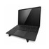 A black laptop on a black stand, with a sleek design and a visible keyboard and trackpad. The stand has a minimalist style.