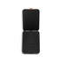 A black phone wallet with a hinged design features interior instructions for portrait and landscape modes.