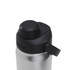 A drink bottle in silver stainless steel with a black lid, featuring a logo and a side handle.