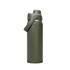 A drink bottle in olive green with a flip lid and a handle, featuring a logo on the surface.