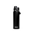 A drink bottle in matte black with a silver band and a handle, featuring a logo.