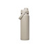 A drink bottle in a beige hue with a lid and a carrying handle. It features a logo on its surface.