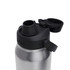 A drink bottle featuring a stainless steel body and a black cap with a spout. It includes a logo.