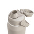 A drink bottle in a muted beige colour, featuring a wide mouth opening and a flip-top lid with a logo.