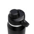 A drink bottle in black with a silver band, featuring a wide spout and a flip-top lid. It has a logo.