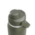 A drink bottle in olive green with a black lid, featuring a logo and a screw-top opening mechanism.