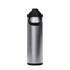 A drink bottle in a sleek silver finish with a black lid and handle. It features a branding logo.