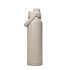 A drink bottle in a light grey colour with a secure lid and a side handle, featuring a logo.
