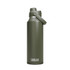 A drink bottle featuring a matte olive green finish and a secure lid with a handle. It has a logo on the front.