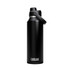 A drink bottle in matte black with a flip-top lid and a carry strap, featuring a logo on the front.