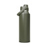 A drink bottle in olive green with a secure lid and a carry handle. It features a logo on the side.