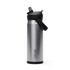 A drink bottle in stainless steel with a black flip straw and a handle, featuring a logo.