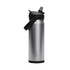 A drink bottle in silver metal with a black flip straw, featuring a black handle for easy carrying.