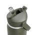A drink bottle in olive green with a flip straw and a lid, featuring a branding logo.