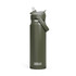 A drink bottle in olive green with a flip straw and an attached carry handle. It features a logo.