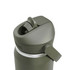 A drink bottle in olive green with a flip straw lid and a silver accent, featuring a branding logo.