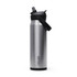 A drink bottle featuring a stainless steel body with a black flip straw lid and a logo.