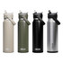 A drink bottle in four colours: beige, olive green, black, and stainless steel, featuring a flip straw and branding.