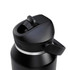 A drink bottle with a black finish, featuring a flip straw lid and a silver band. It has a logo on the side.