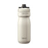 A drink bottle in white with a grey cap, featuring a logo and a streamlined design.