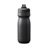 A drink bottle in matte black finished stainless steel with a slim design and cap for easy drinking, featuring a logo.