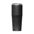 A drink bottle in matte black with a clear lid, featuring a sleek, tapered design and a branding logo.