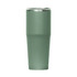 A drink bottle in a muted green colour with a stainless steel lid and a sleek, tapered design. It features a logo.