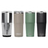 A drink bottle set featuring four tumblers in silver, beige, green, and black, each with a logo.