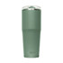 A drink bottle in a matte green finish with a transparent lid and a branded base.