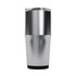 A drink bottle with a silver and black design, featuring a tapered shape and a transparent lid.