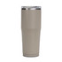 A drink bottle in a taupe colour with a stainless steel lid and a clear top, featuring a logo.