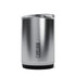 A drink bottle featuring a sleek, stainless steel finish with a solid black base and a clear lid. It has a logo.