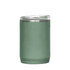 A drink bottle in a muted green colour with a stainless steel lid and a textured exterior. It features a logo.