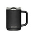 A drink bottle in matte black with a handle and a transparent lid, featuring a logo.