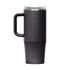 A drink bottle in matte black with a handle and a clear lid, featuring a logo.