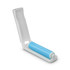 A mini lint roller in white and blue, with a protective cover opened to reveal the roller.