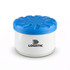 A round air freshener container with a blue lid and white base, featuring a logo on the front.
