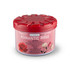 A round container of air freshener with a pink label featuring red and white roses and a red lid.