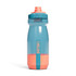 A drink bottle featuring a blue and coral design, with a twist-off lid and a logo.