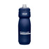 A drink bottle in navy blue with a textured grip, featuring a logo and white accents.