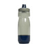 A drink bottle with a grey upper section and dark blue lower section, featuring a screw-on lid and a logo.