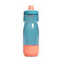 A drink bottle in teal and coral, featuring a screw-on lid and a built-in spout. It has a branded logo.