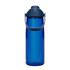 A drink bottle in a deep blue colour, featuring a handle and a sports cap, with a logo on the side.