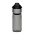 A drink bottle in a smoky grey colour with a black lid and handle, featuring a logo on the side.