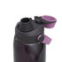 A drink bottle in black with purple accents, featuring a wide mouth opening and a removable cap, and a logo.