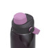 A drink bottle with a dark body and a purple cap featuring a spout and a side lever, brand logo present.