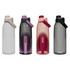 A drink bottle in four colours: clear, purple, coral, and grey, featuring a flip-top lid and a logo.
