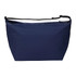 A navy blue cooler bag featuring a single zipper and a shoulder strap, with a logo on the front.
